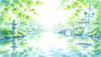 水面に映る青もみじ背景【無料・高画質PNG】和風・納涼背景93218