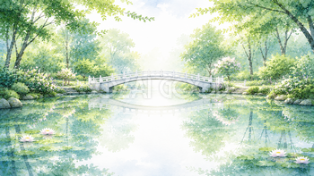 白い橋と池背景【無料・高画質PNG】93225