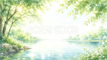 湖畔の木漏れ日背景【無料・高画質PNG】湖と自然の背景イラスト93236