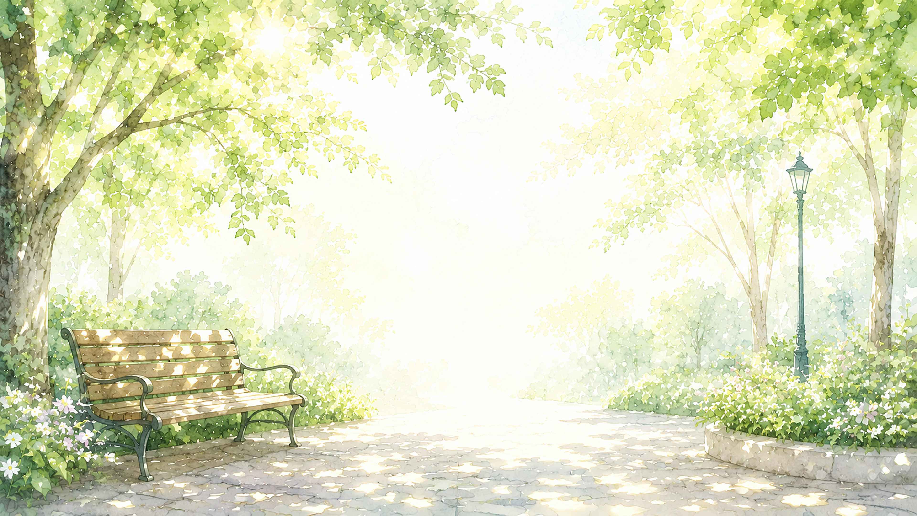 公園のベンチ 木漏れ日背景【無料・高画質PNG】自然背景イラスト93237に写真・文字を入れる