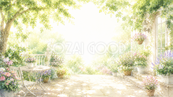 ガーデンテラス 木漏れ日背景【無料・高画質PNG】花と自然の背景イラスト93240