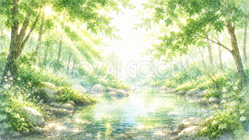 小川と木漏れ日背景【無料・高画質PNG】涼しげな自然イラスト93241