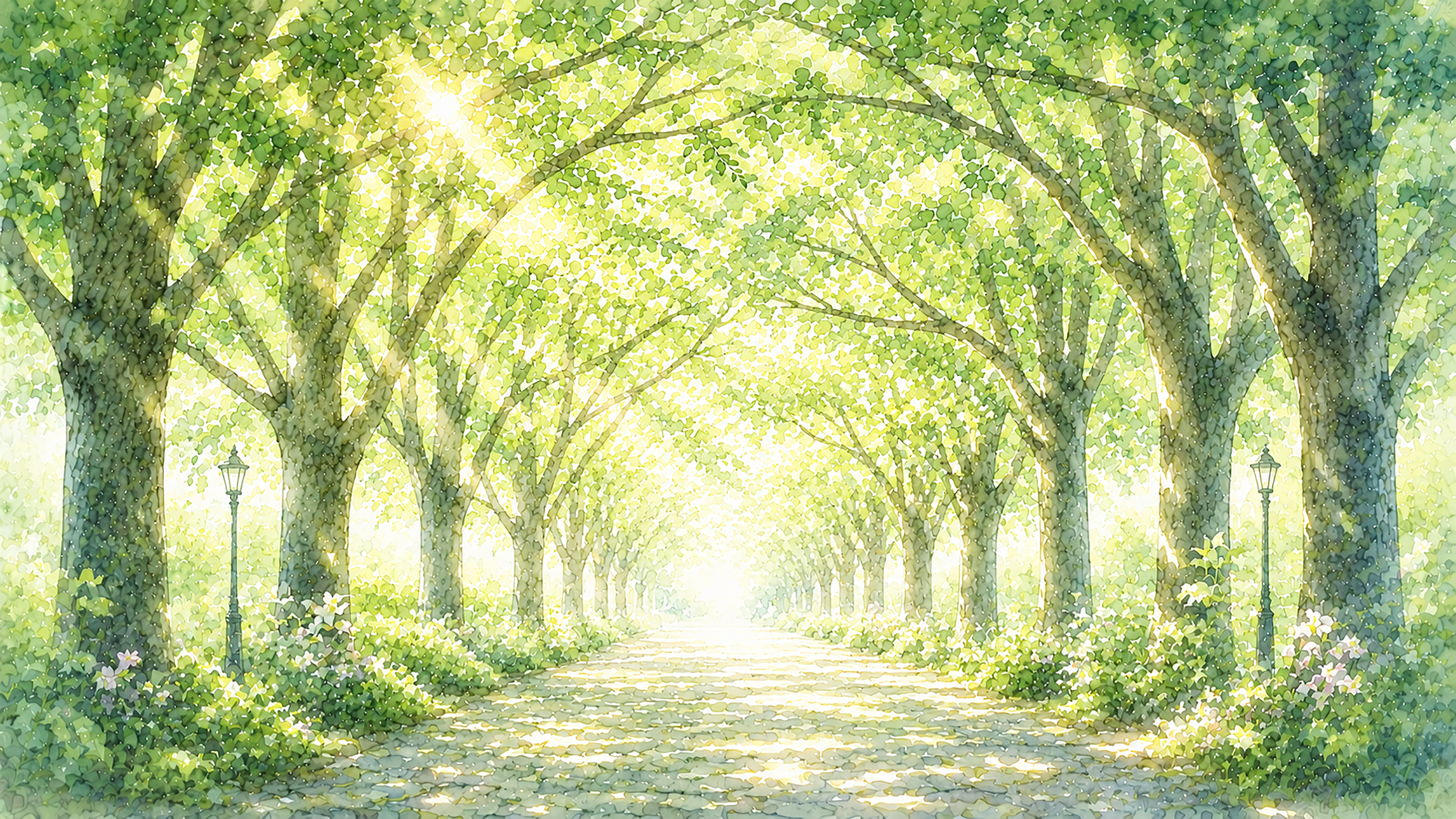 木漏れ日の並木トンネル背景【無料・高画質PNG】幻想的な自然イラスト93242に写真・文字を入れる