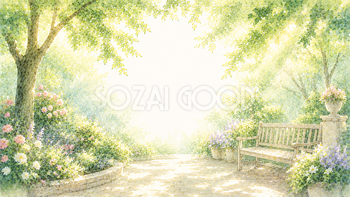 ベンチと花壇 木漏れ日背景【無料・高画質PNG】ガーデン背景イラスト93244