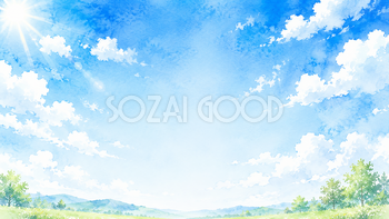 澄み渡る青空背景【無料・高画質PNG】白い雲の水彩イラスト93247
