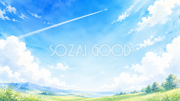 飛行機雲と青空背景【無料・高画質PNG】爽やかな空の水彩イラスト93248