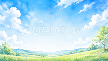 丘と青空背景【無料・高画質PNG】自然風景の水彩イラスト93250