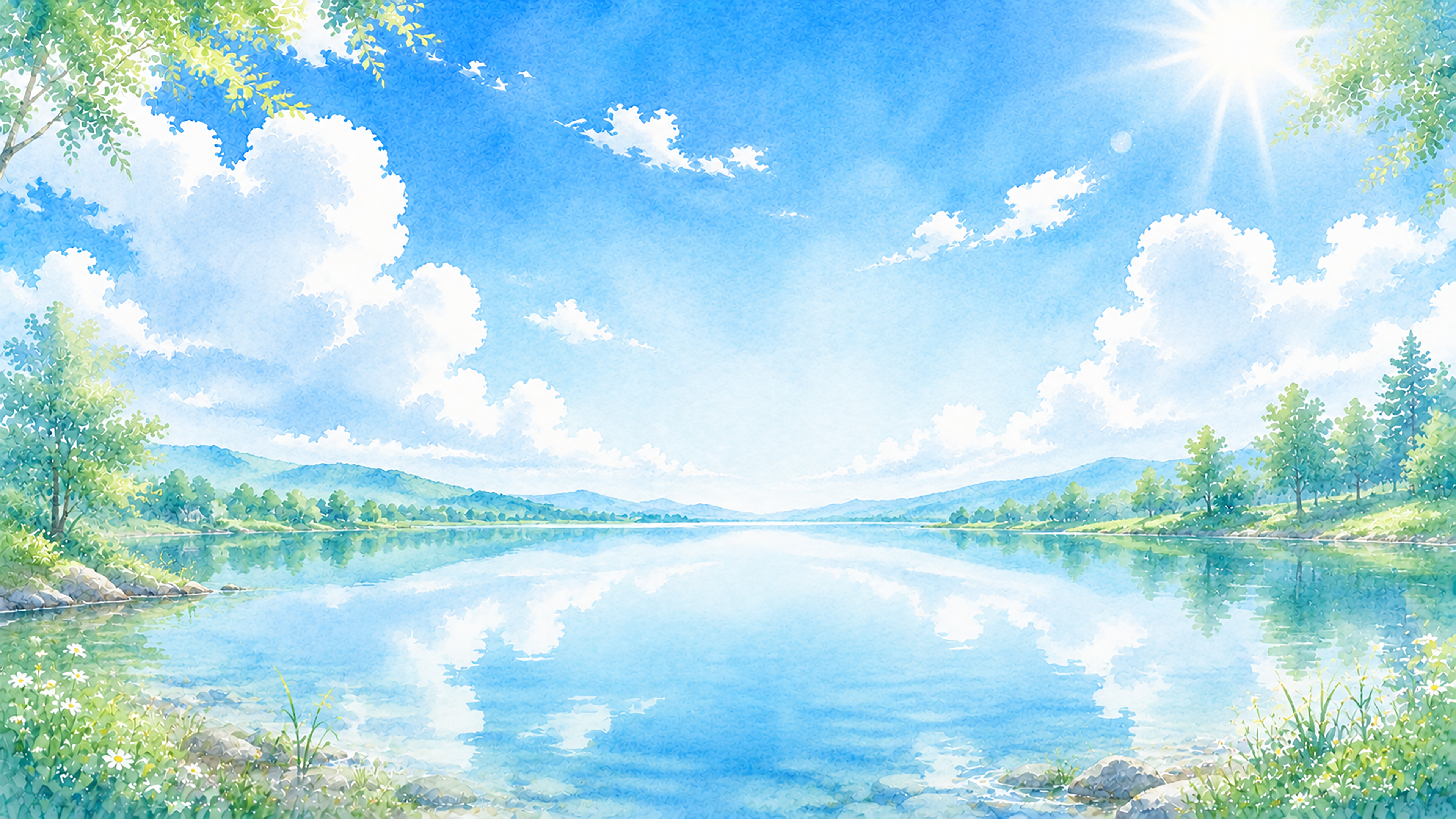 湖と青空背景【無料・高画質PNG】水辺の自然イラスト93252に写真・文字を入れる