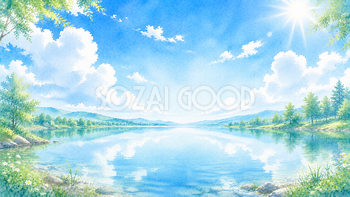 湖と青空背景【無料・高画質PNG】水辺の自然イラスト93252