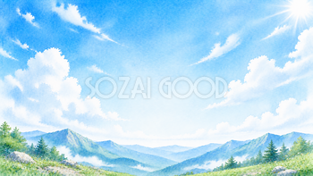 山と青空背景【無料・高画質PNG】自然風景の水彩イラスト93254