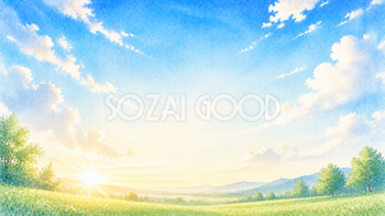 朝の青空背景【無料・高画質PNG】朝日が輝く空のイラスト93256