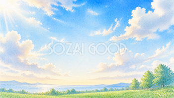 夕方前の夏空背景【無料・高画質PNG】やさしい青空の水彩イラスト93257