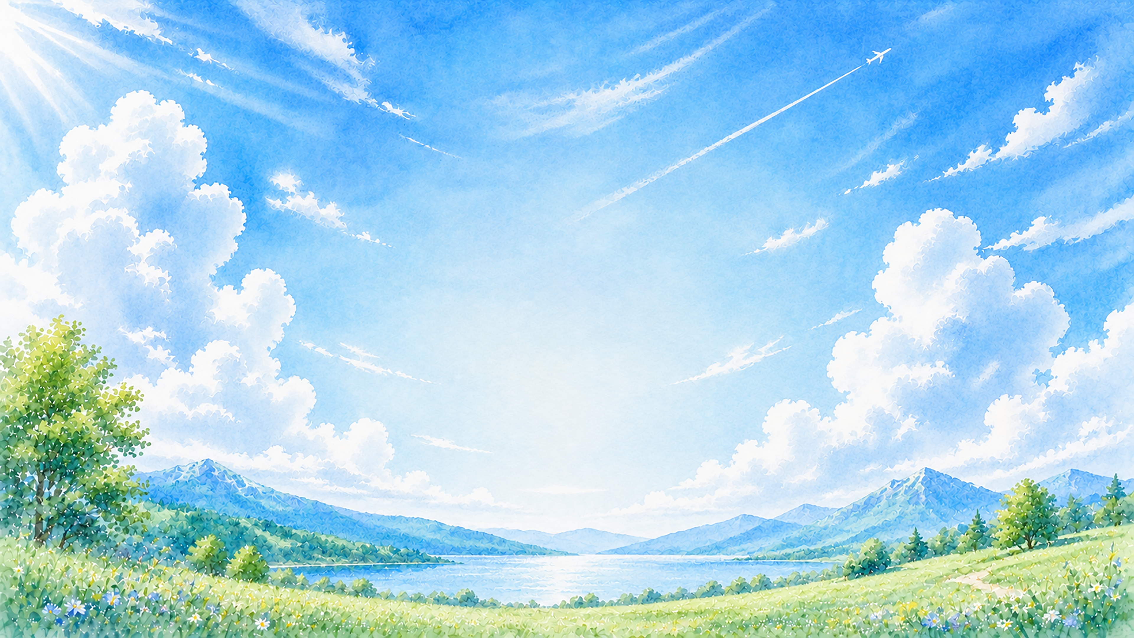 青空・白い雲背景【無料・高画質PNG】自然風景の水彩イラスト93258に写真・文字を入れる