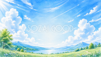 青空・白い雲背景【無料・高画質PNG】自然風景の水彩イラスト93258