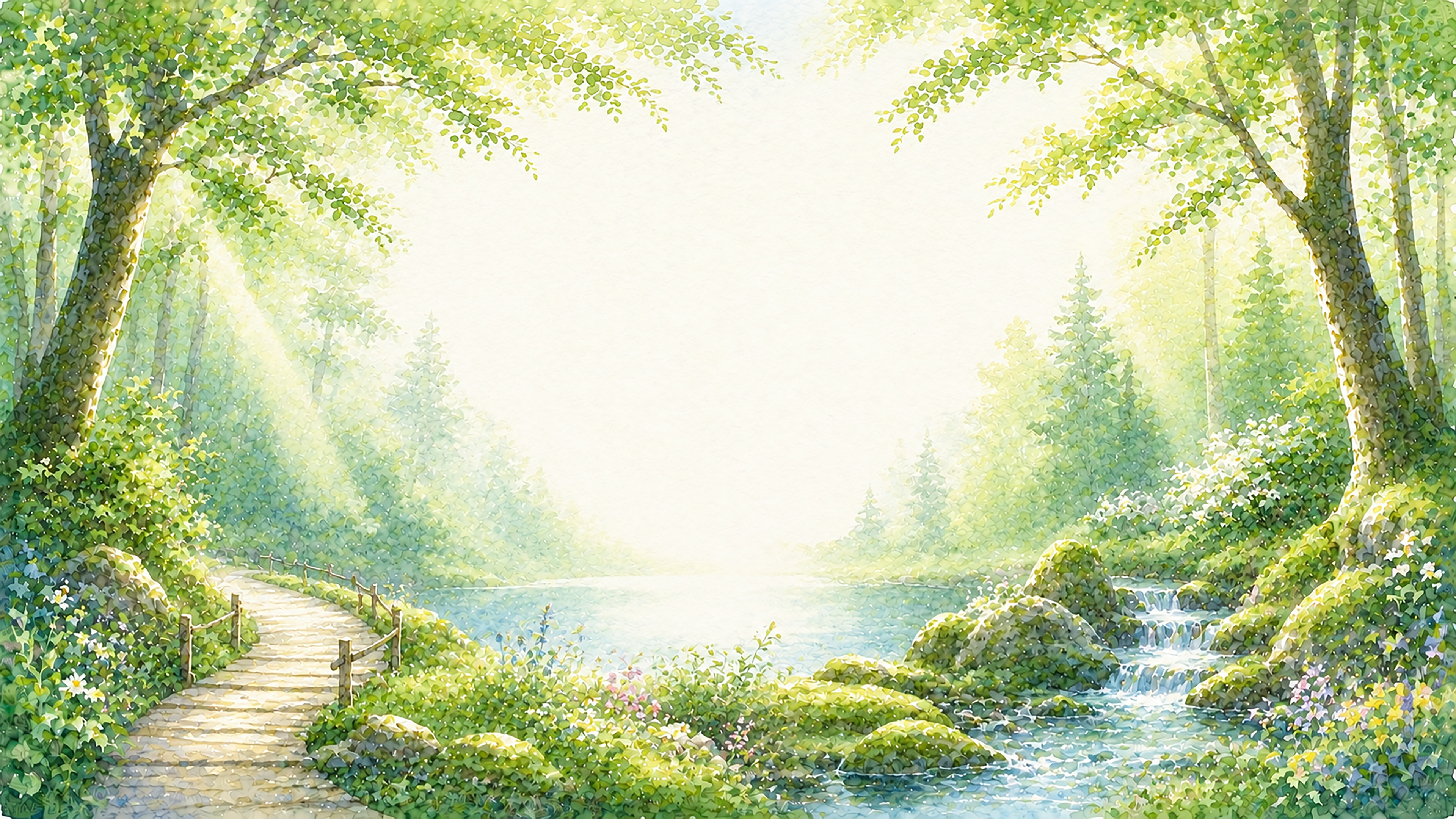 森林浴・癒やし背景【無料・高画質PNG】森・木漏れ日・渓流・湖の自然イラスト93271に写真・文字を入れる