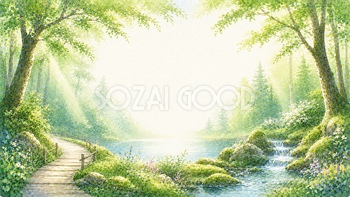 森林浴・癒やし背景【無料・高画質PNG】森・木漏れ日・渓流・湖の自然イラスト93271