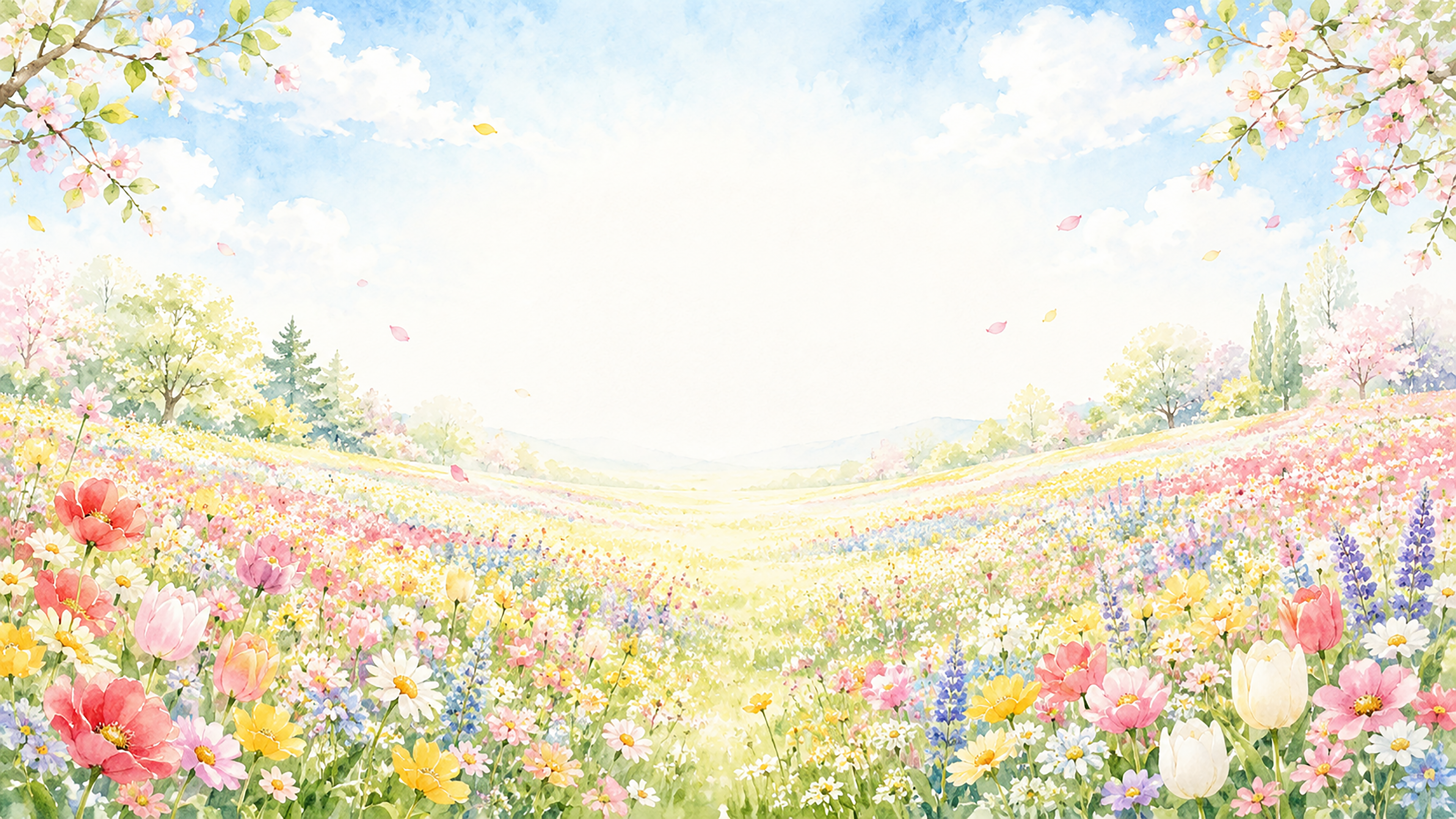 春の花畑背景【無料・高画質PNG】色とりどりの花が咲く風景イラスト93273に写真・文字を入れる
