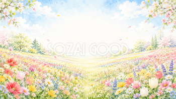 春の花畑背景【無料・高画質PNG】色とりどりの花が咲く風景イラスト93273