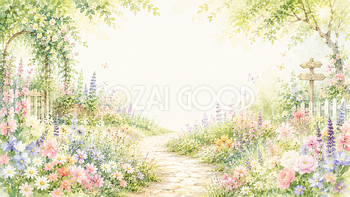 ナチュラルガーデン背景【無料・高画質PNG】優しい草花の庭園イラスト93274