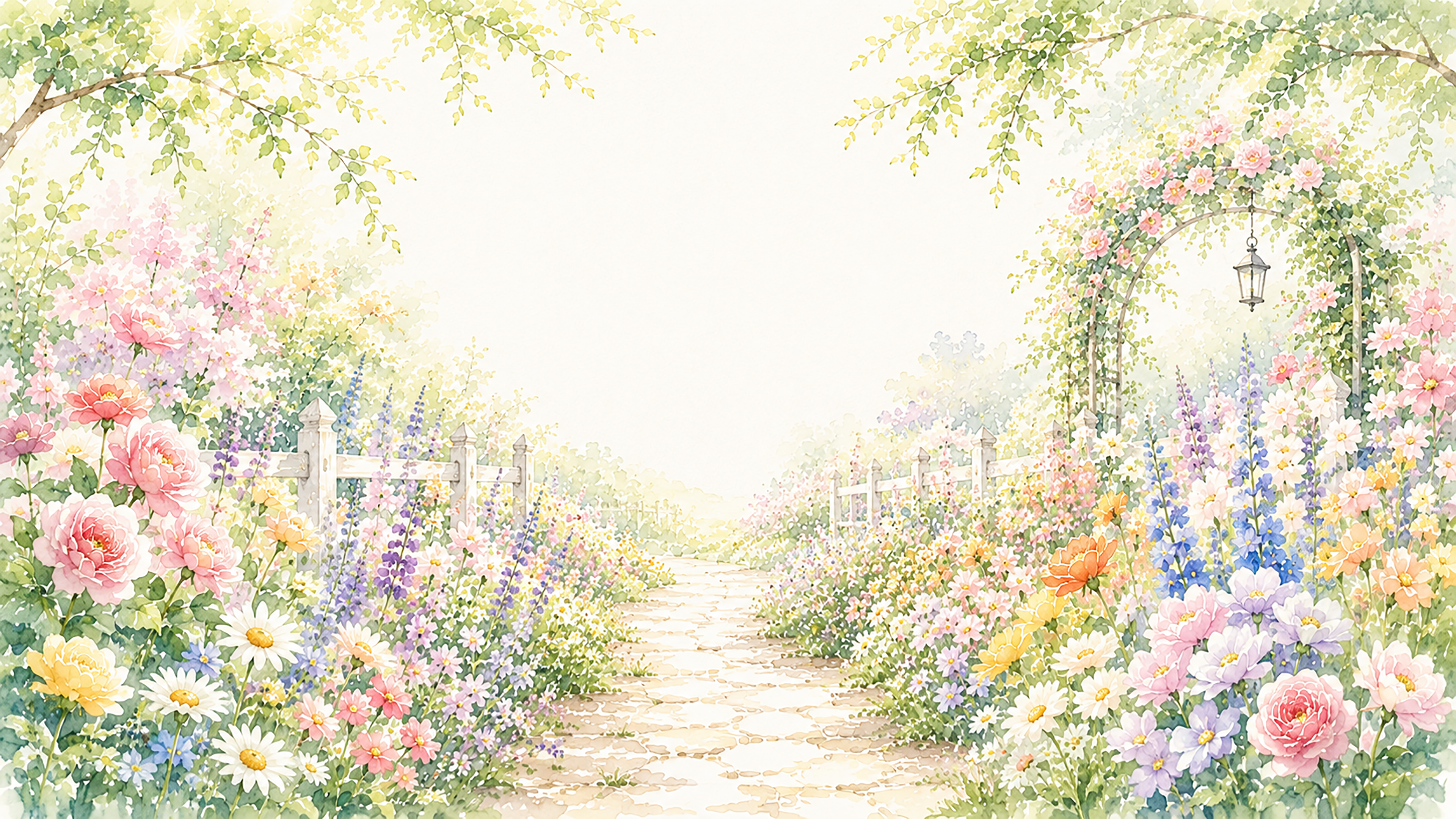 花畑の小道背景【無料・高画質PNG】花に囲まれた癒やしの風景イラスト93275に写真・文字を入れる