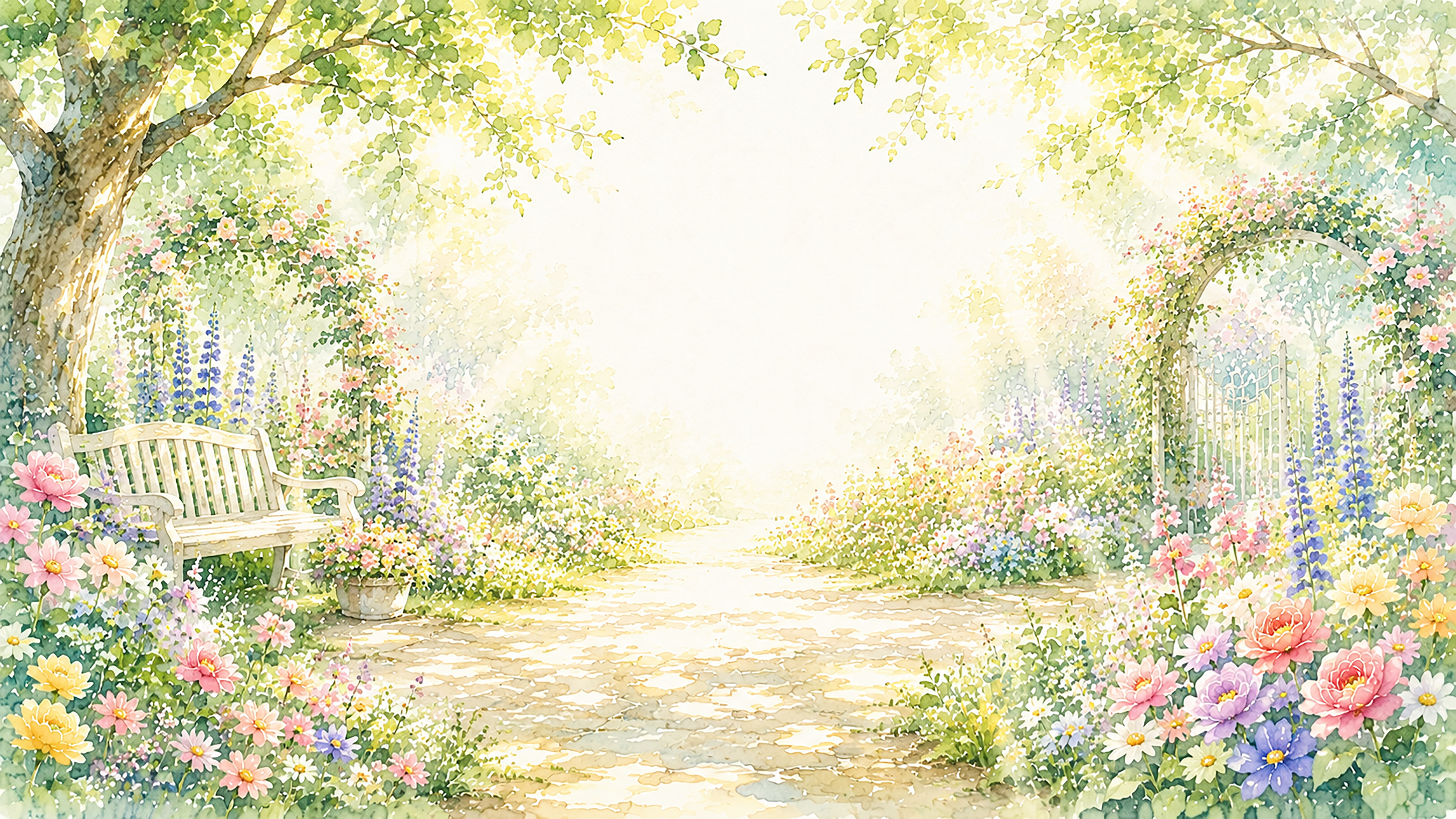 木漏れ日ガーデン背景【無料・高画質PNG】光あふれる花の庭園イラスト93276に写真・文字を入れる