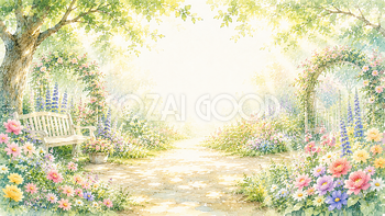 木漏れ日ガーデン背景【無料・高画質PNG】光あふれる花の庭園イラスト93276