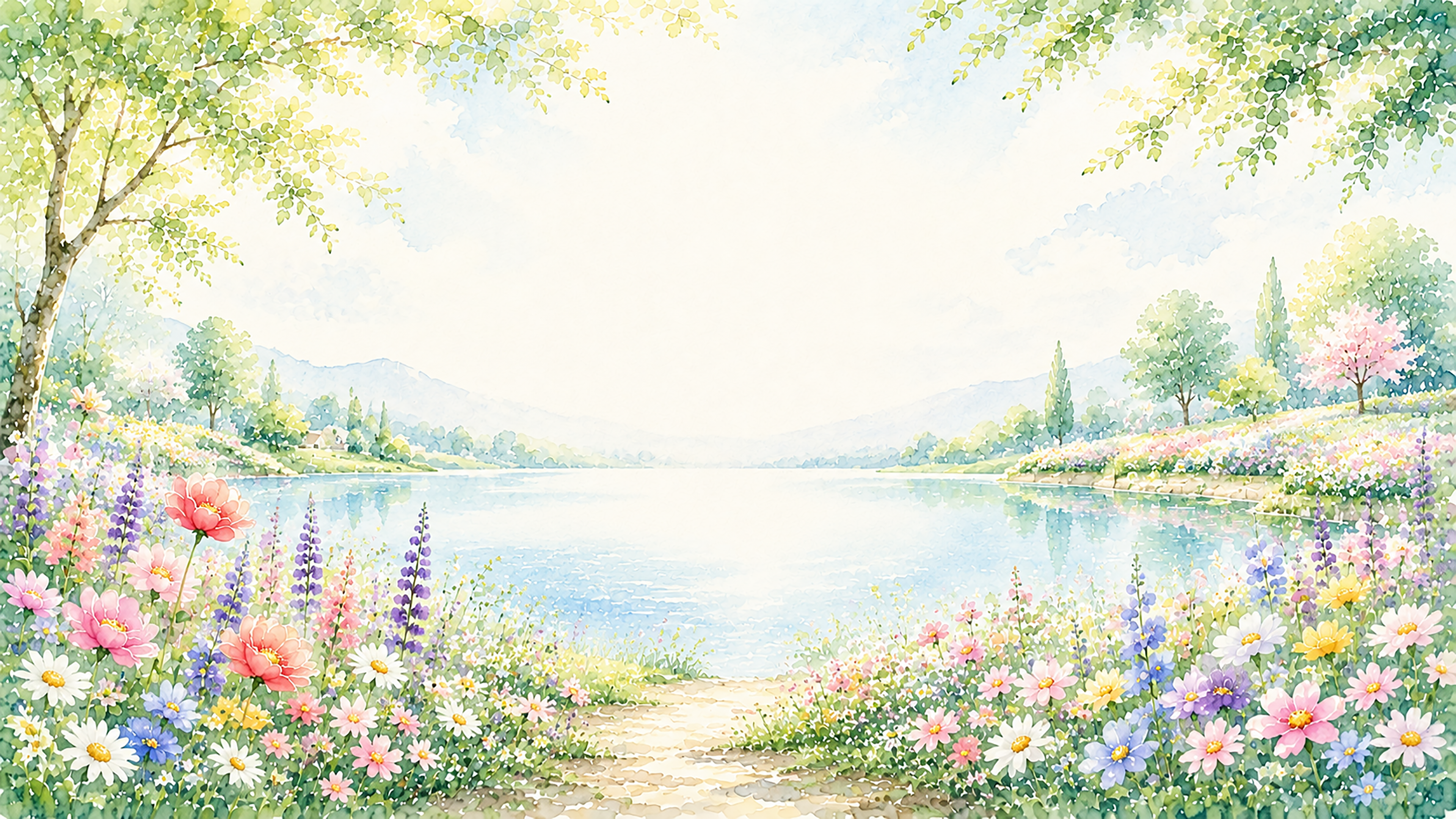 湖畔の花畑背景【無料・高画質PNG】湖と花が美しい自然イラスト93277に写真・文字を入れる