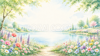 湖畔の花畑背景【無料・高画質PNG】湖と花が美しい自然イラスト93277