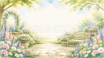 ベンチと花壇背景【無料・高画質PNG】花咲くガーデンイラスト93278