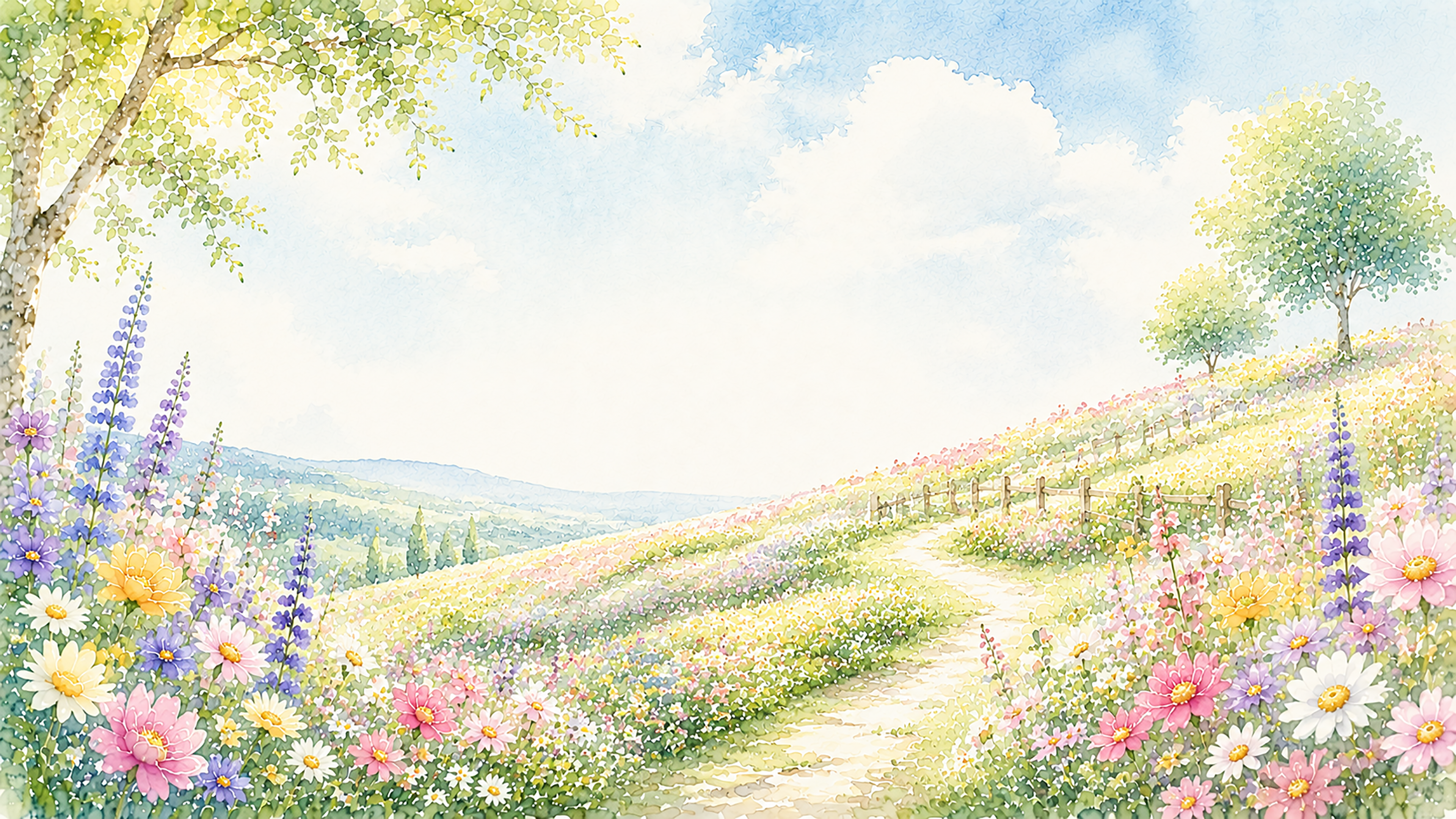 花咲く丘背景【無料・高画質PNG】青空と花畑の自然イラスト93279に写真・文字を入れる