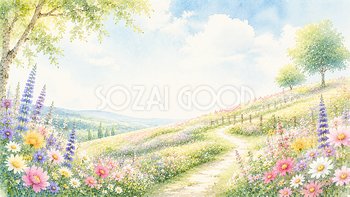 花咲く丘背景【無料・高画質PNG】青空と花畑の自然イラスト93279