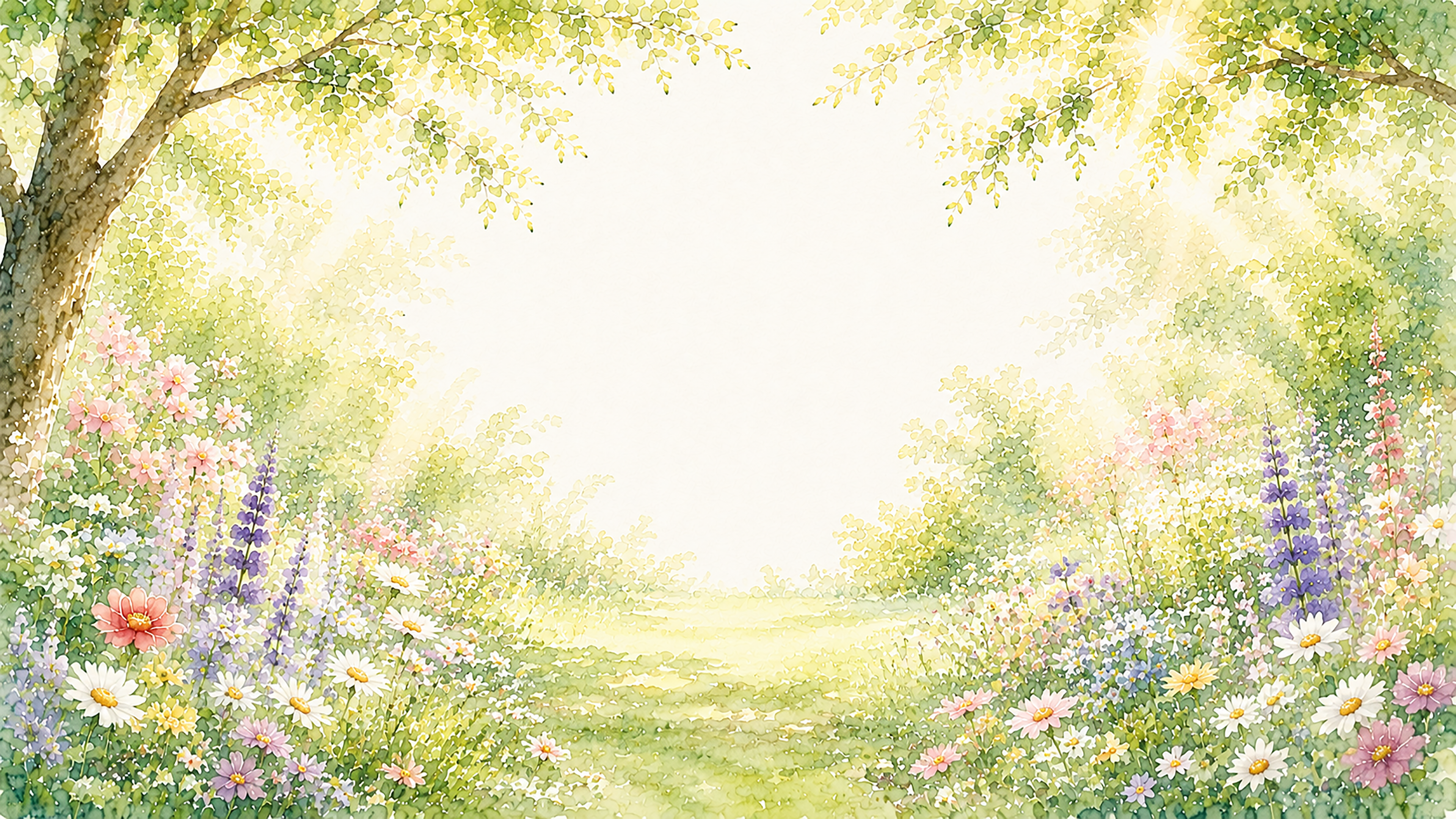 草花と木漏れ日背景【無料・高画質PNG】自然美あふれる花のイラスト93280に写真・文字を入れる