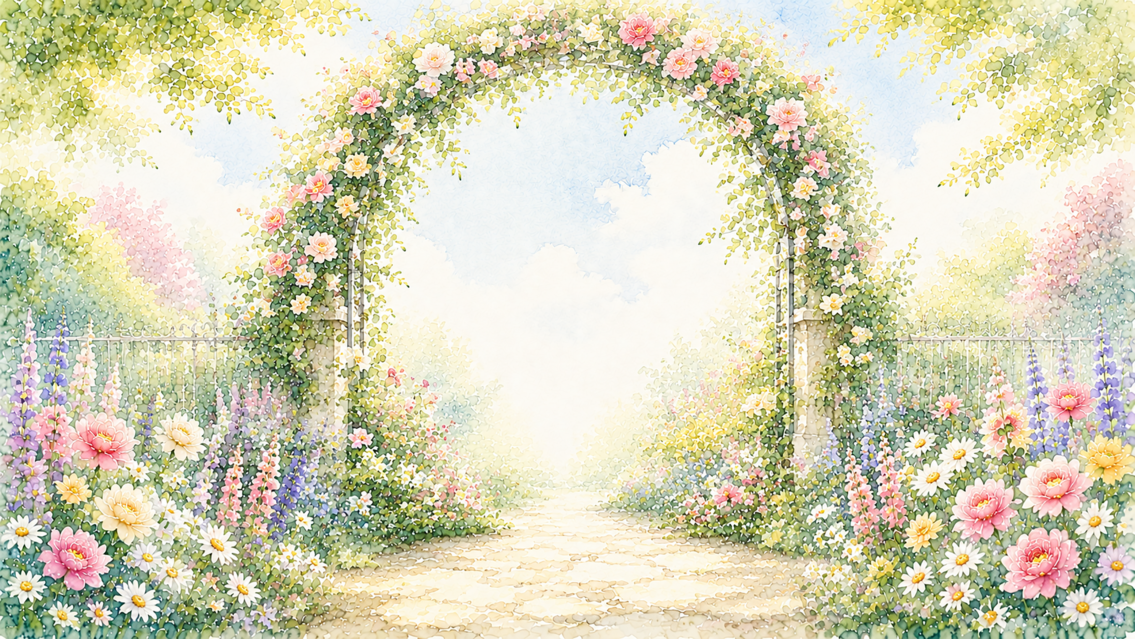 ガーデンアーチ背景【無料・高画質PNG】花のアーチが美しい庭園イラスト93281に写真・文字を入れる