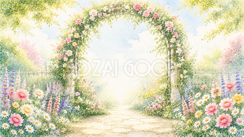 ガーデンアーチ背景【無料・高画質PNG】花のアーチが美しい庭園イラスト93281