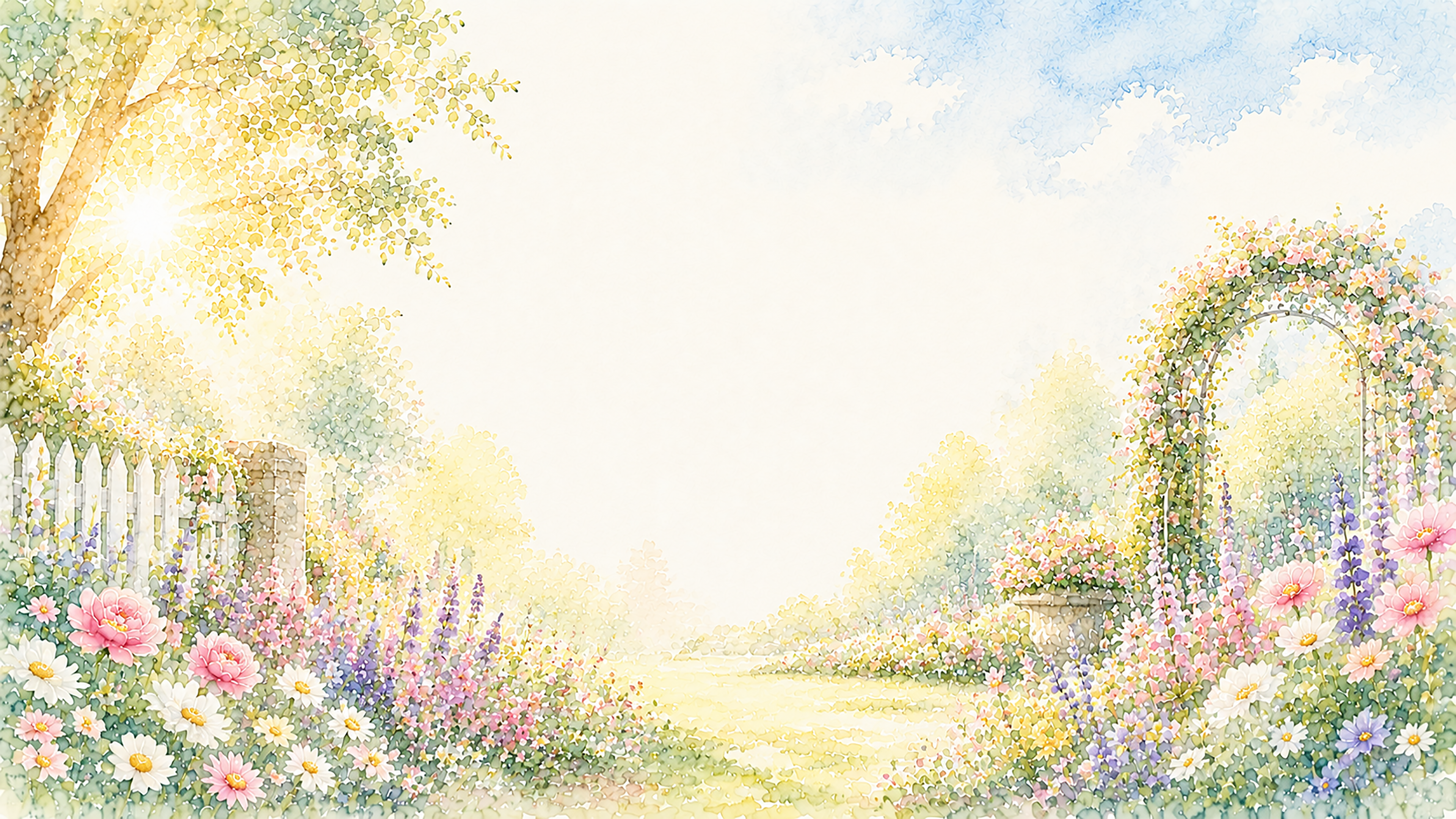 朝のフラワーガーデン背景【無料・高画質PNG】朝日に輝く花畑イラスト93282に写真・文字を入れる