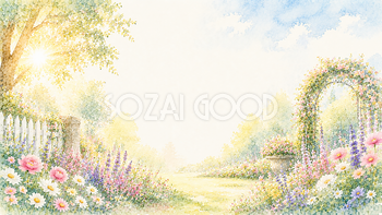 朝のフラワーガーデン背景【無料・高画質PNG】朝日に輝く花畑イラスト93282
