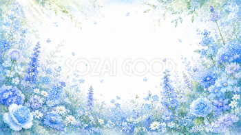ブルーフラワーガーデン背景・フレーム【無料・高画質PNG】花畑イラスト93370