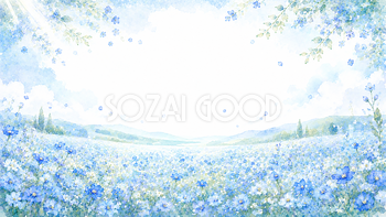 ブルー花畑背景・フレーム【無料・高画質PNG】青い花イラスト93373