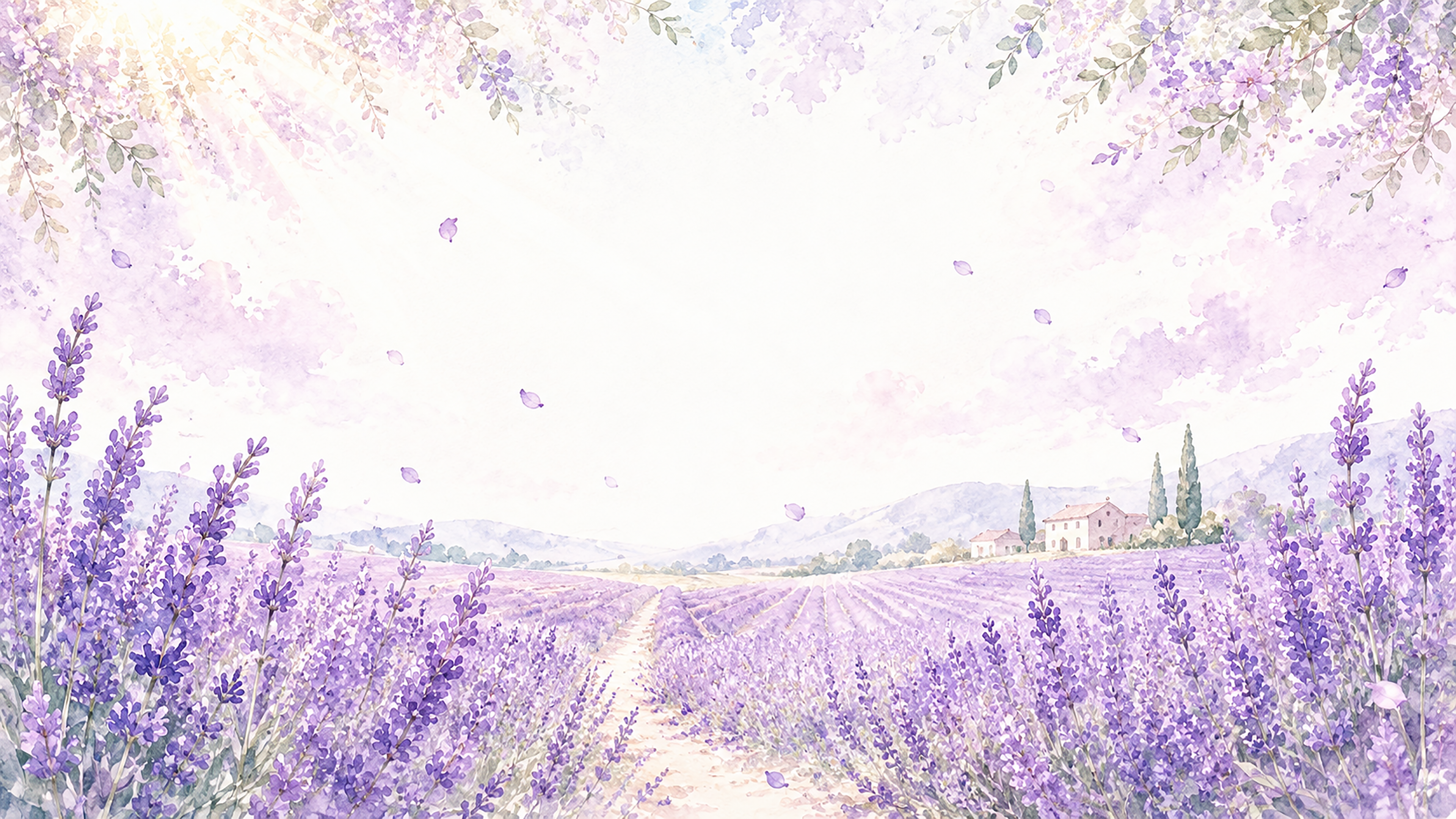 ラベンダー畑背景・フレーム【無料・高画質PNG】花畑・癒やし・ボタニカル背景イラスト93390に写真・文字を入れる