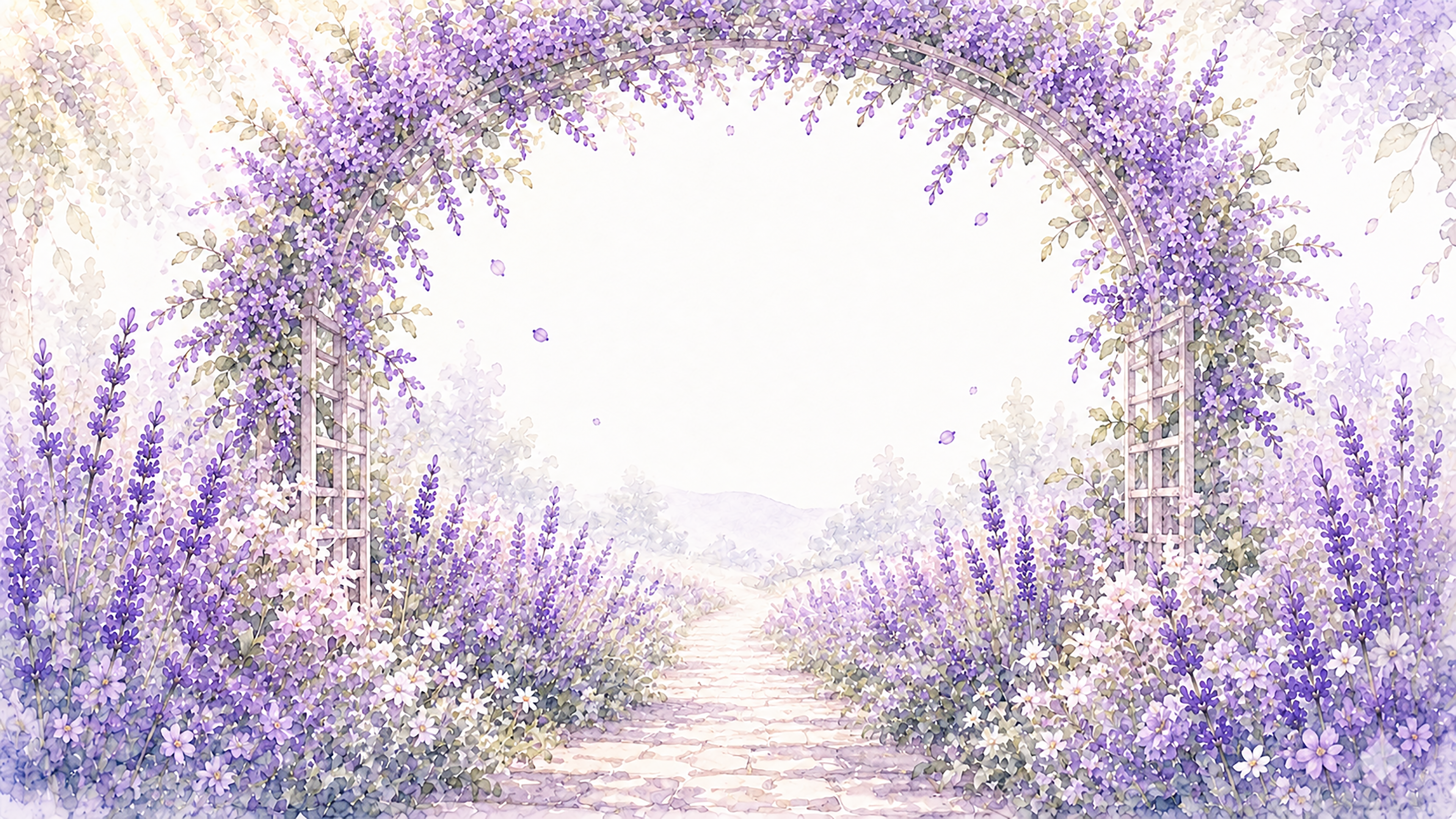 ラベンダーアーチ背景・フレーム【無料・高画質PNG】幻想的な花園背景イラスト93395に写真・文字を入れる