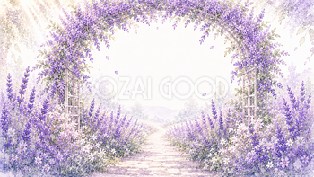 ラベンダーアーチ背景・フレーム【無料・高画質PNG】幻想的な花園背景イラスト93395