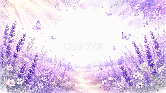 ラベンダーと蝶背景・フレーム【無料・高画質PNG】癒やし・花畑背景イラスト93398