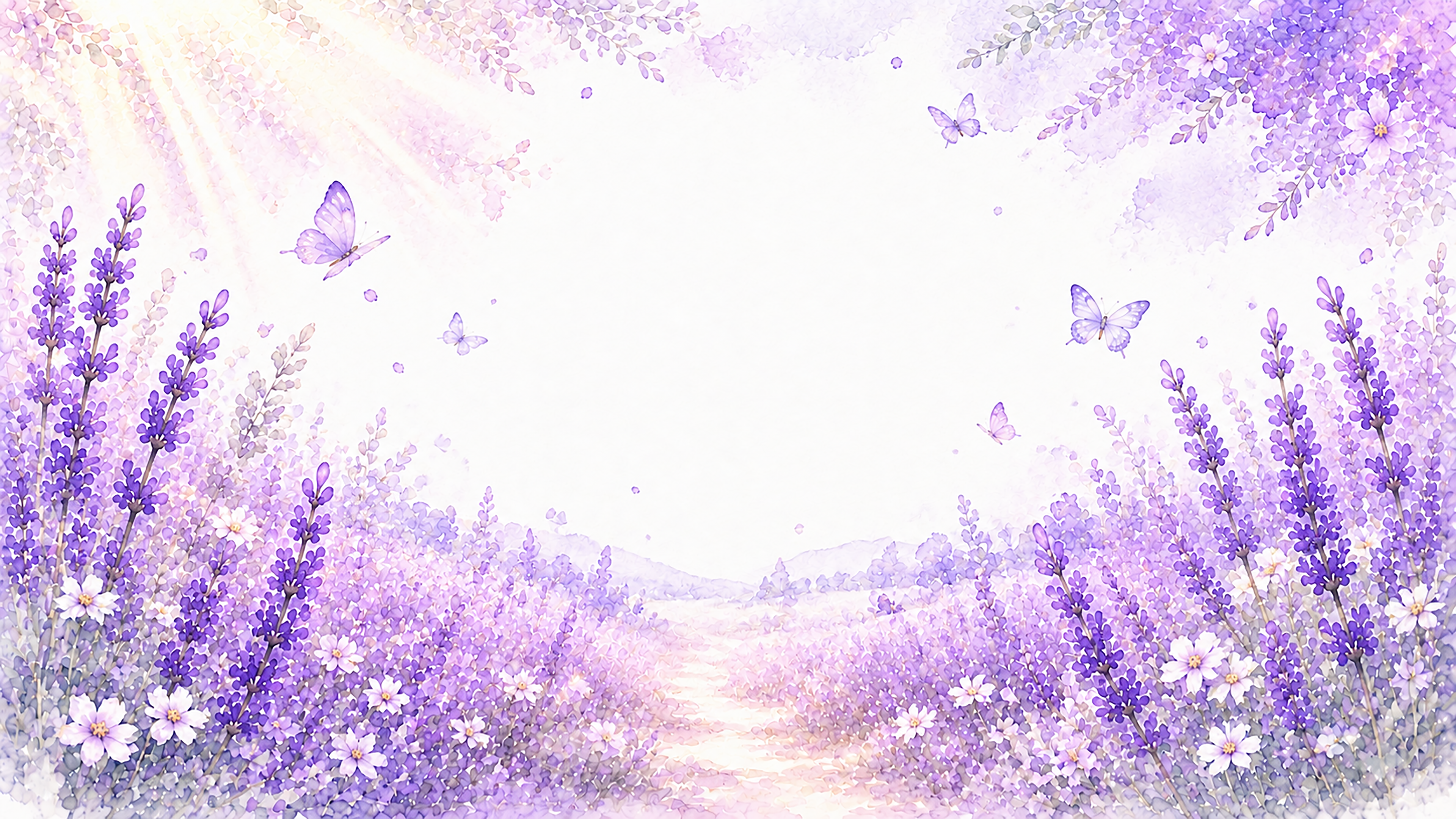 ラベンダーと蝶背景・フレーム【無料・高画質PNG】癒やし・花畑背景イラスト93398に写真・文字を入れる