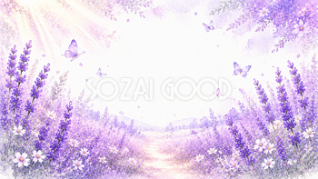 ラベンダーと蝶背景・フレーム【無料・高画質PNG】癒やし・花畑背景イラスト93398