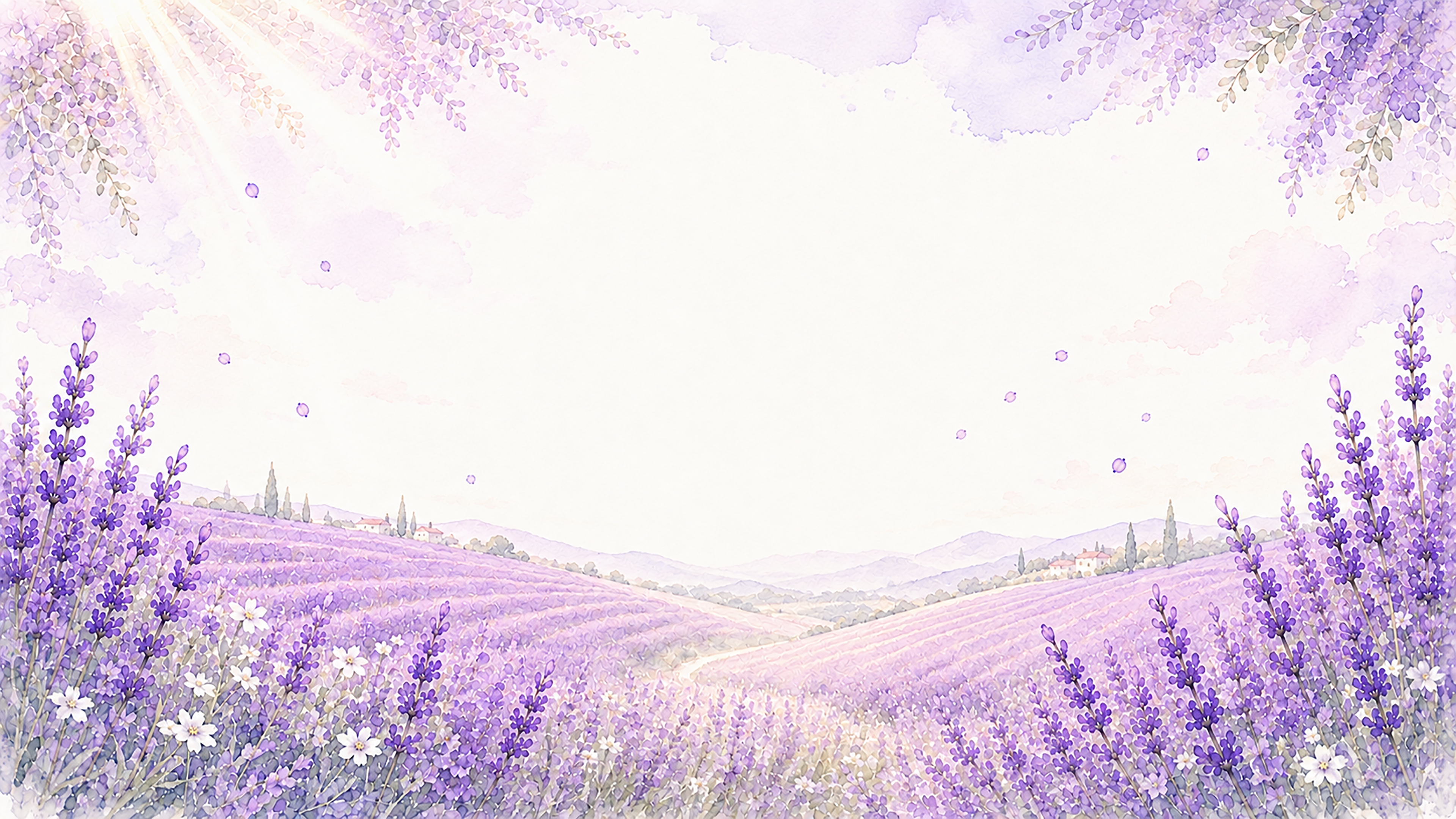 ラベンダーの丘背景・フレーム【無料・高画質PNG】花畑・自然風景イラスト93399に写真・文字を入れる