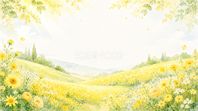 イエローフラワーの丘フレーム【無料・高画質PNG】自然風景の花フレーム素材93412