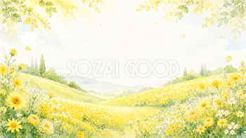 イエローフラワーの丘フレーム【無料・高画質PNG】自然風景の花フレーム素材93412