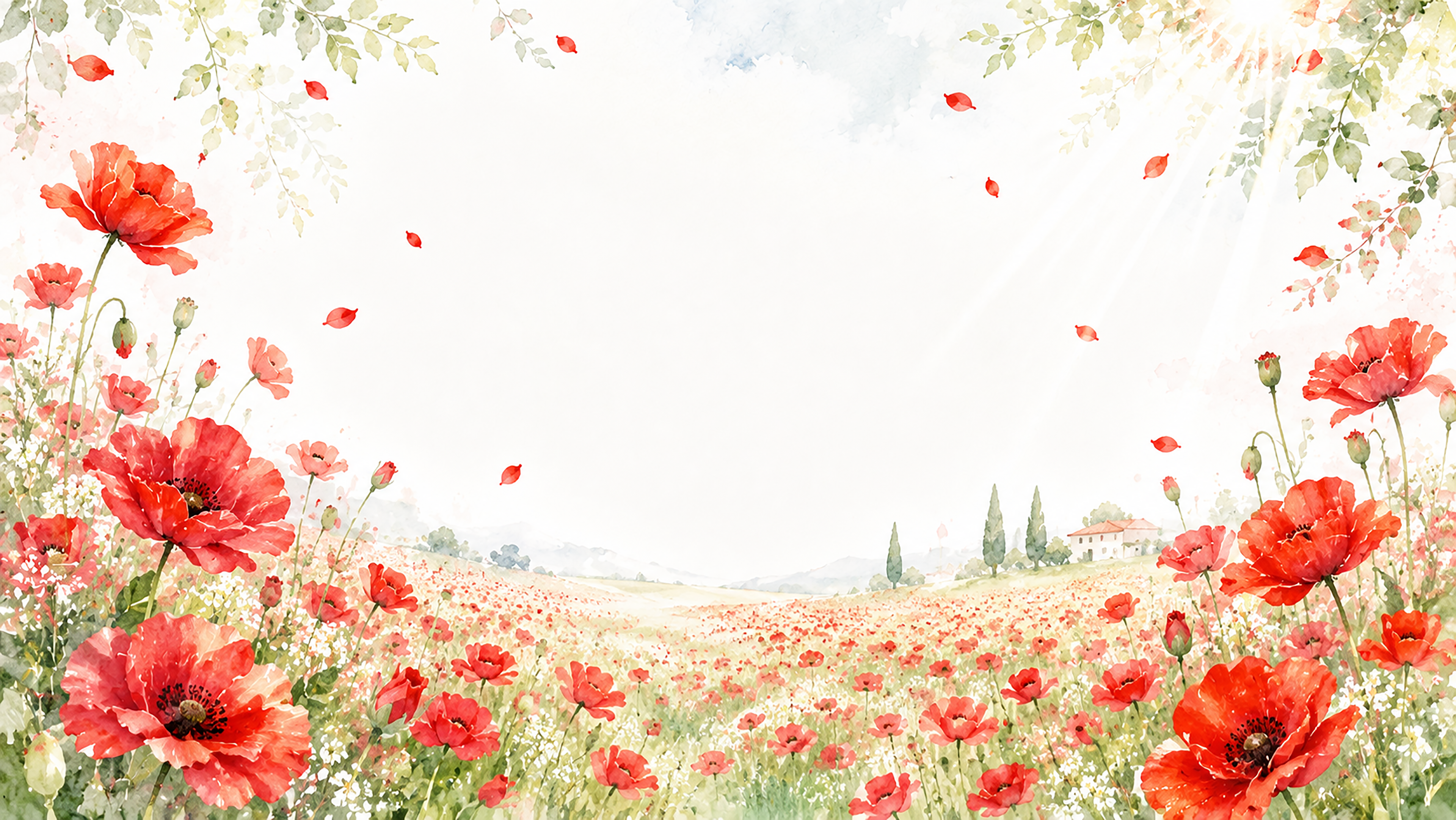 ポピー畑背景・フレーム【無料・高画質PNG】赤い花畑の水彩イラスト93417に写真・文字を入れる