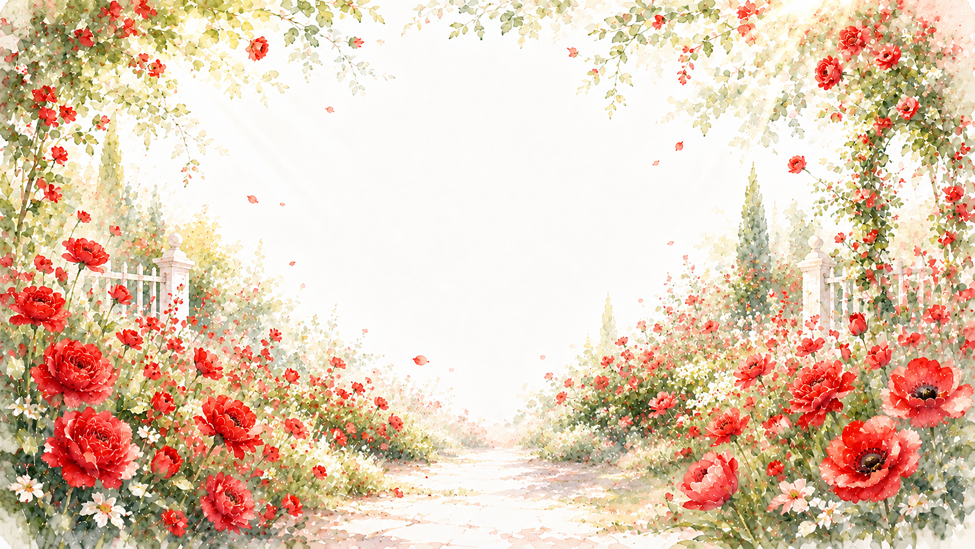 レッドフラワーガーデン背景・フレーム【無料・高画質PNG】自然豊かな花園イラスト93421に写真・文字を入れる
