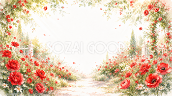 レッドフラワーガーデン背景・フレーム【無料・高画質PNG】自然豊かな花園イラスト93421